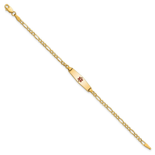 14k Medical Semi-Solid Chain/Solid Plate 20x5mm Soft Diamond Shape Centered Red Enamel Figaro Link 6 inch Baby/Child ID Bracelet