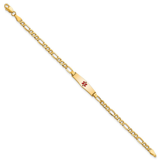 14k Medical Semi-Solid Chain/Solid Plate 20x5mm Soft Diamond Shape Centered Red Enamel Figaro Link 7 inch ID Bracelet