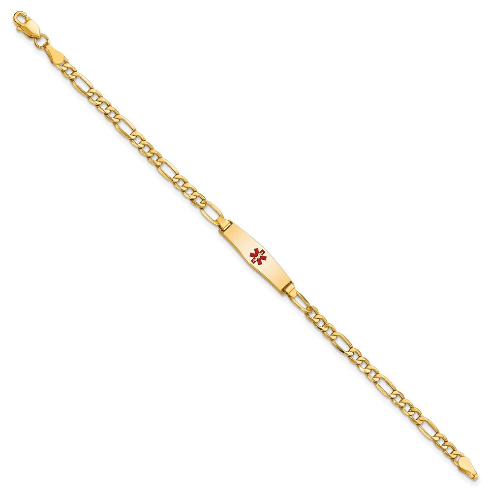 14k Medical Semi-Solid Chain/Solid Plate 20x5mm Soft Diamond Shape Centered Red Enamel Figaro Link 7 inch ID Bracelet