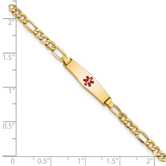14k Medical Semi-Solid Chain/Solid Plate 20x5mm Soft Diamond Shape Centered Red Enamel Figaro Link 7 inch ID Bracelet