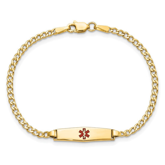 14k Medical Semi-Solid Chain/Solid Plate 20x5mm Soft Diamond Shape Centered Red Enamel Cuban Link 7 inch ID Bracelet