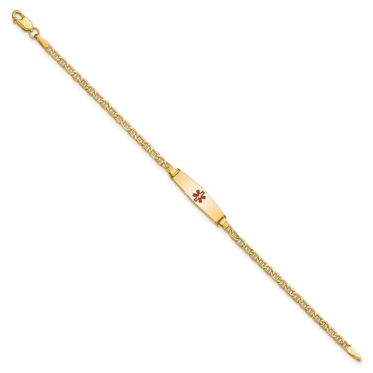 14k Medical Semi-Solid Chain/Solid Plate 20x5mm Soft Diamond Shape Centered Red Enamel Anchor Link 6 inch Baby/Child ID Bracelet
