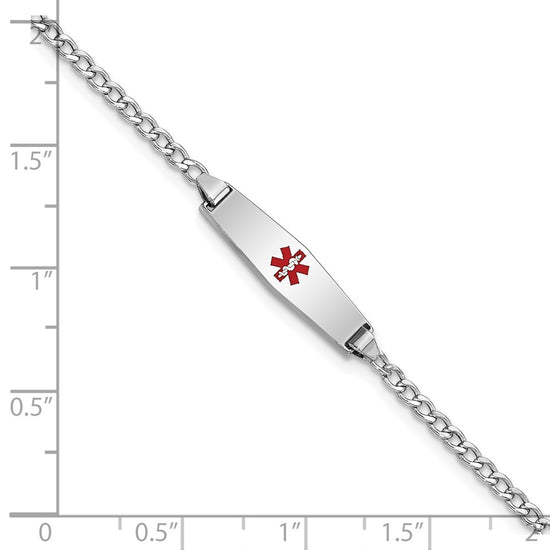 14k White Gold Medical Semi-Solid Chain/Solid Plate 20x5mm Soft Diamond Shape Centered Red Enamel Cuban Link 7 inch ID Bracelet