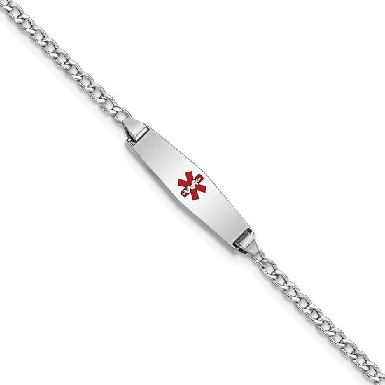 14k White Gold Medical Semi-Solid Chain/Solid Plate 20x5mm Soft Diamond Shape Centered Red Enamel Cuban Link 7 inch ID Bracelet