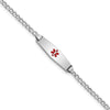 14k White Gold Medical Semi-Solid Chain/Solid Plate 20x5mm Soft Diamond Shape Centered Red Enamel Cuban Link 7 inch ID Bracelet