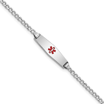 14k White Gold Medical Semi-Solid Chain/Solid Plate 20x5mm Soft Diamond Shape Centered Red Enamel Cuban Link 7 inch ID Bracelet