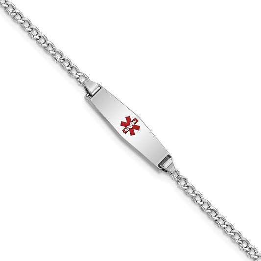 14k White Gold Medical Semi-Solid Chain/Solid Plate 20x5mm Soft Diamond Shape Centered Red Enamel Cuban Link 7 inch ID Bracelet