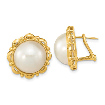 14k 13-14mm White Mabe Saltwater Cultured Pearl Omega Back Earrings