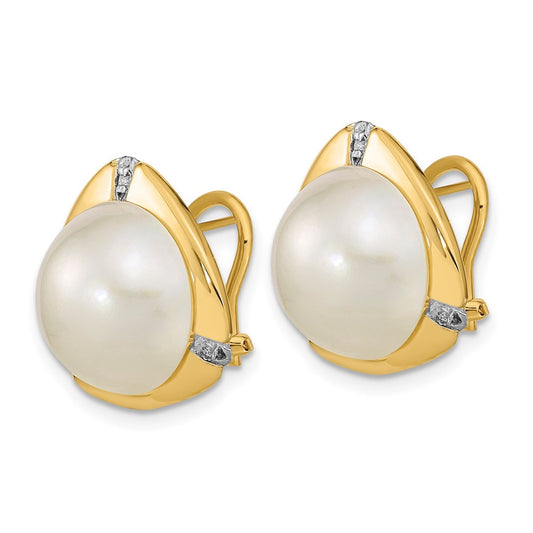 14k 12-13mm White Mabe Saltwater Cultured Pearl and .06 Carat Diamond Omega Back Earrings