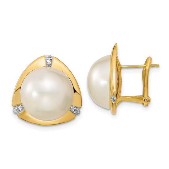 14k 12-13mm White Mabe Saltwater Cultured Pearl and .06 Carat Diamond Omega Back Earrings