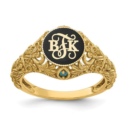 14k Yellow Gold Filigree w/Epoxy and Birthstone Monogram Ring