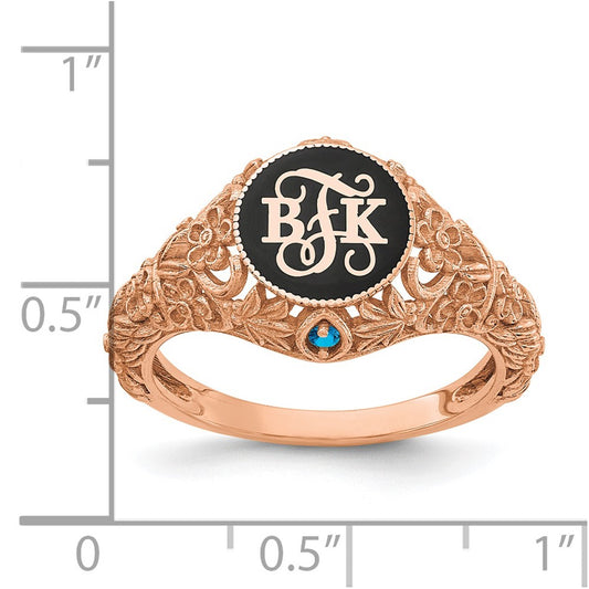 14k Rose Gold Filigree w/Epoxy and Birthstone Monogram Ring