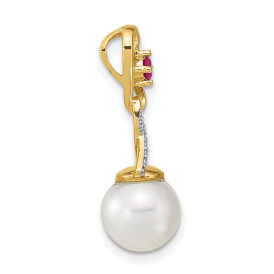 14k 8-9mm Round White Freshwater Cultured Pearl/Lab Created Ruby/Diamond Chain Slide
