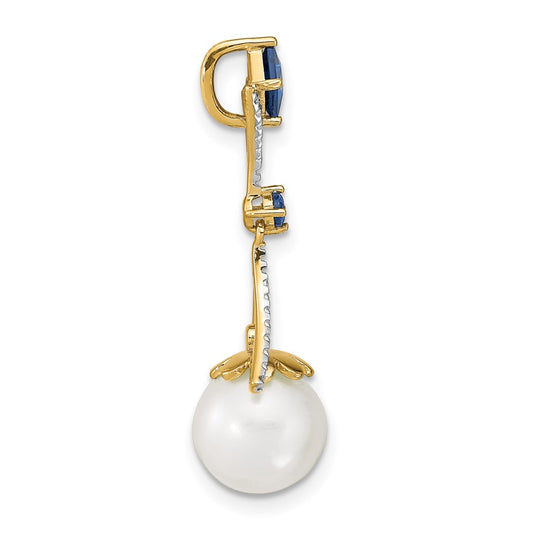 14k 8-9mm Round White Freshwater Cultured Pearl/Lab Created Sapphire/Diamond Chain Slide
