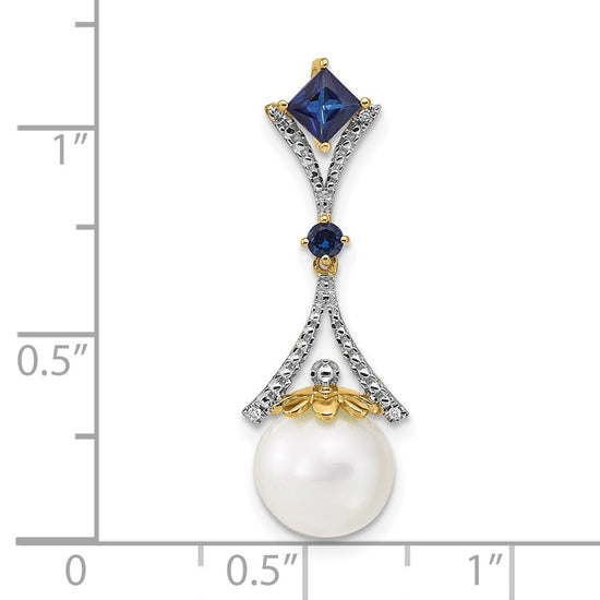 14k 8-9mm Round White Freshwater Cultured Pearl/Lab Created Sapphire/Diamond Chain Slide