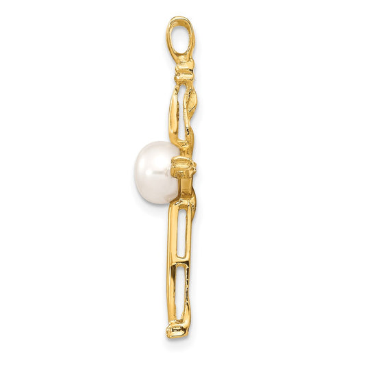 14k 6-7mm White Button Freshwater Cultured Pearl and .02 Carat Diamond Cross Pendant