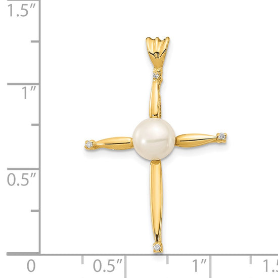 14k 6-7mm White Button Freshwater Cultured Pearl and .02 Carat Diamond Cross Pendant