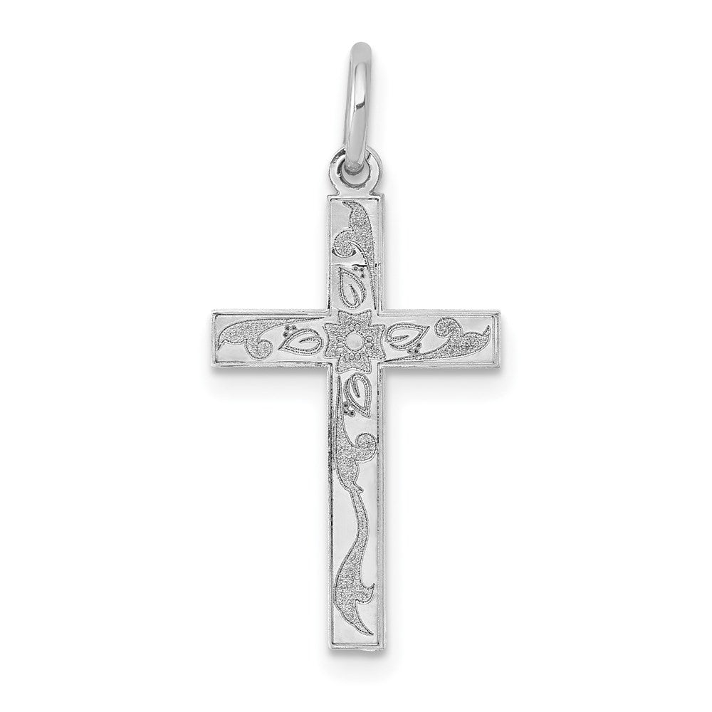14K White Gold Laser Designed Floral Cross Charm
