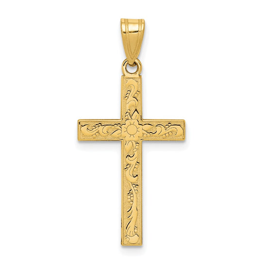 Gold Etched Floral Design Cross Pendant