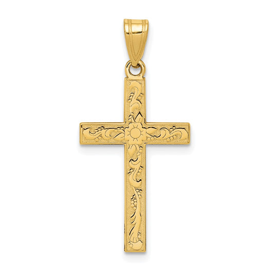 Gold Etched Floral Design Cross Pendant