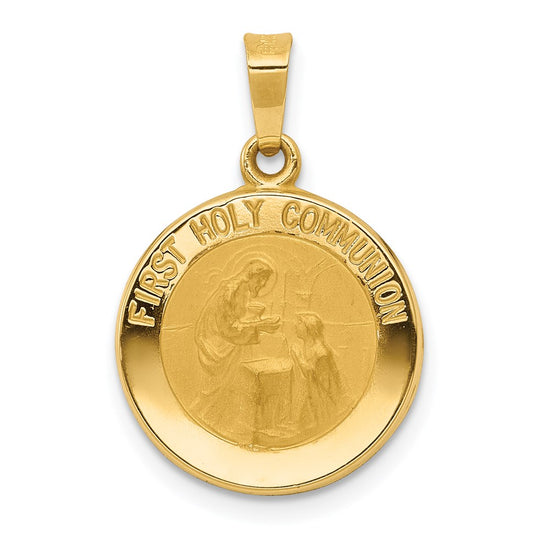 14k Polished and Satin Hollow FIRST HOLY COMMUNION Medal Round Pendant