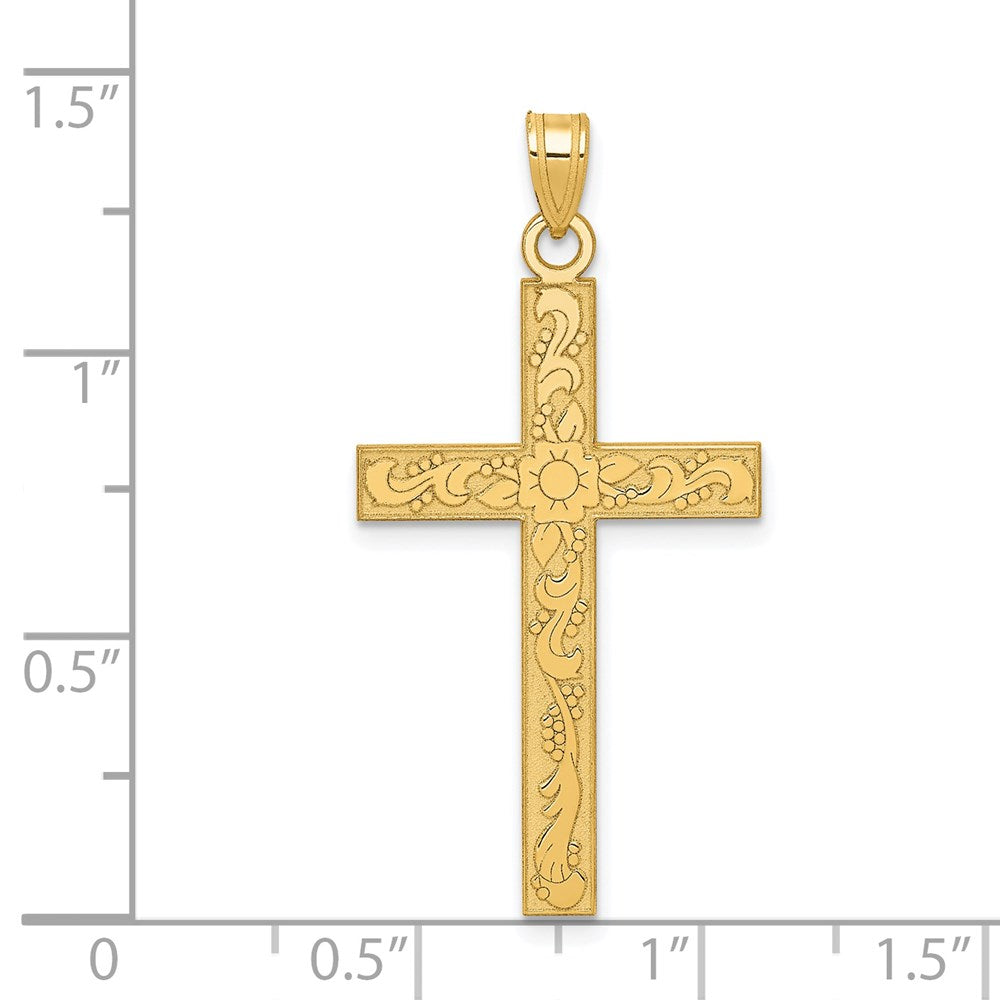 Gold Etched Floral Design Cross Pendant