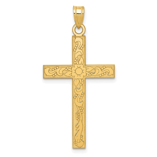 Gold Etched Floral Design Cross Pendant