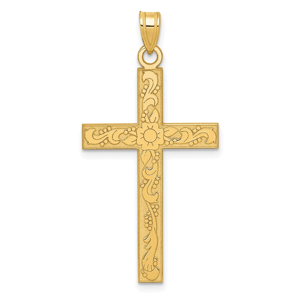 Gold Etched Floral Design Cross Pendant