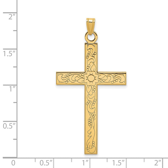 Gold Etched Floral Design Cross Pendant