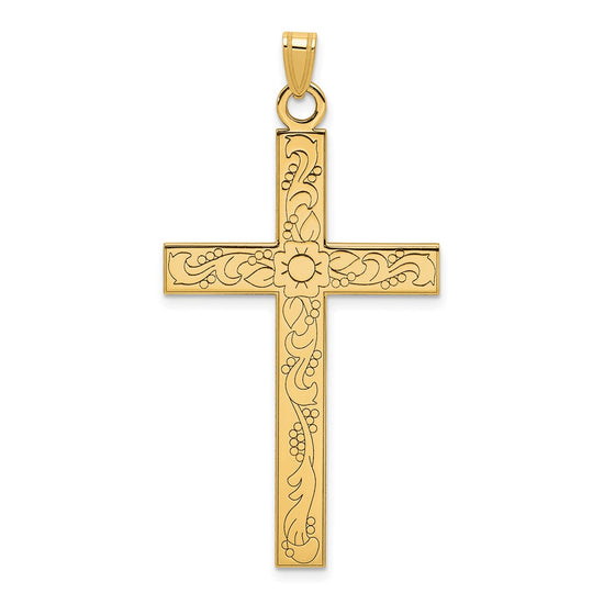Gold Etched Floral Design Cross Pendant