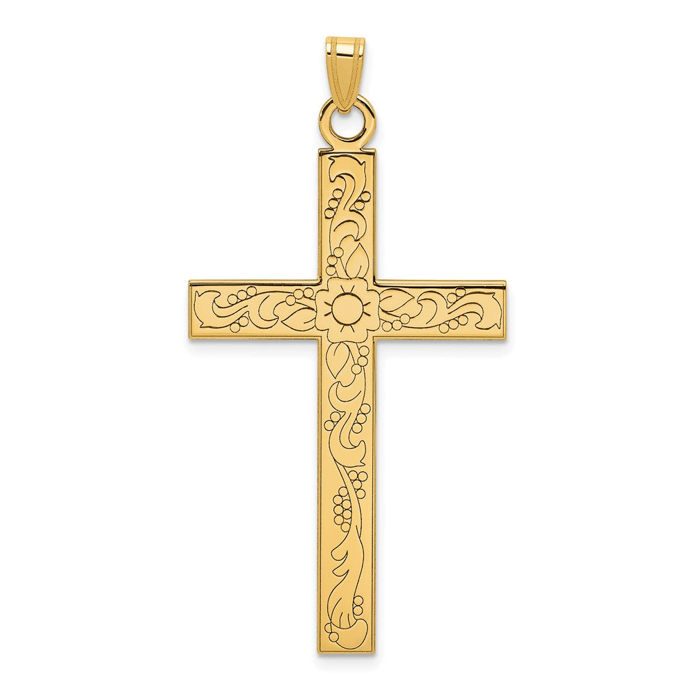Gold Etched Floral Design Cross Pendant