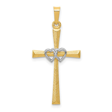 14K Two-tone Textured and Polished Latin Cross with Hearts Pendant