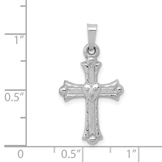 14K White Gold Diamond Fleur De Lis Cross with Heart Pendant