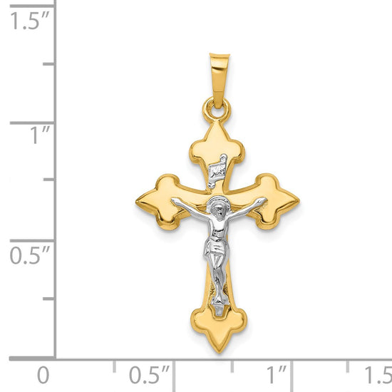 14k Two-tone Polished Fleur de Lis INRI Crucifix Pendant