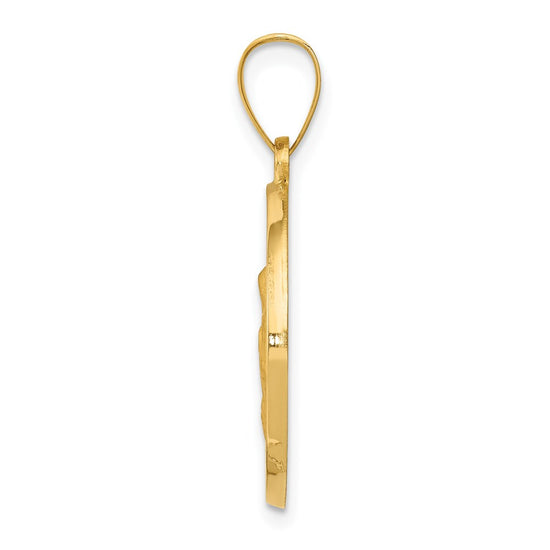 14K Polished and Satin Hollow Spanish Santa Ana Medal Round Pendant