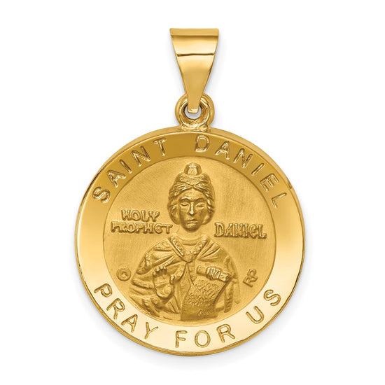 14K Polished and Satin Hollow St. Daniel Medal Round Pendant