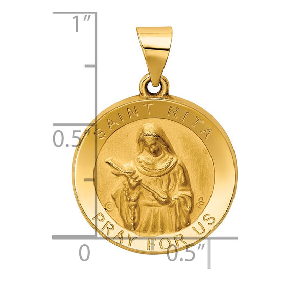 14K Polished and Satin Hollow St. Rita Medal Round Pendant