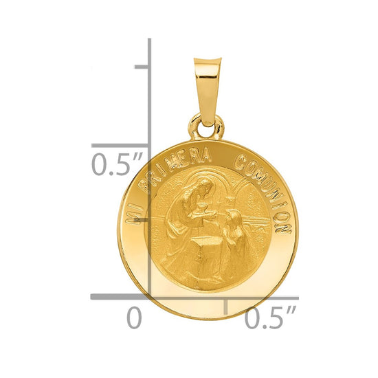 14k Polished and Satin Hollow Spanish Mi Primera Comunion Medal Round Pendant