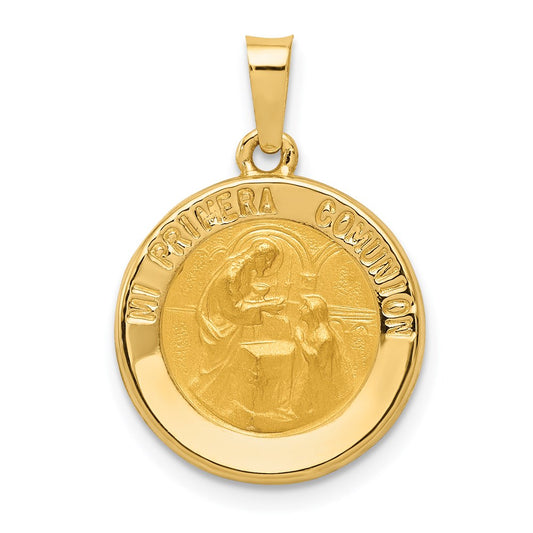 14k Polished and Satin Hollow Spanish Mi Primera Comunion Medal Round Pendant