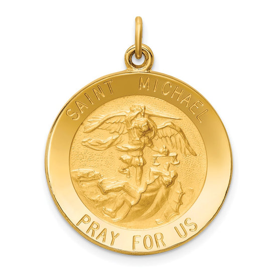 14k Polished and Satin Solid St. Michael Medal Round Pendant