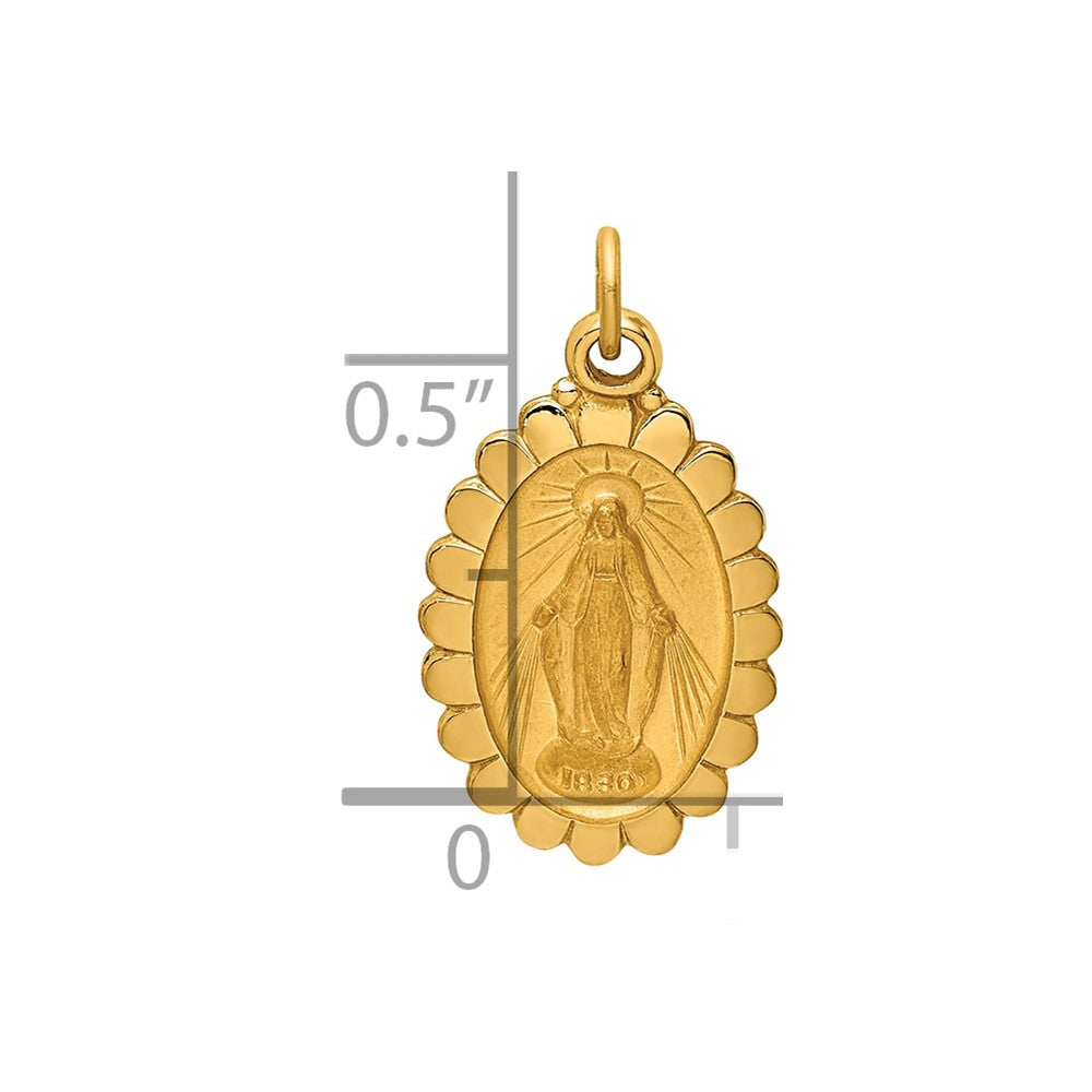 14k Polished and Satin Solid Small Miraculous Medal Scalloped Edge Oval Pendant