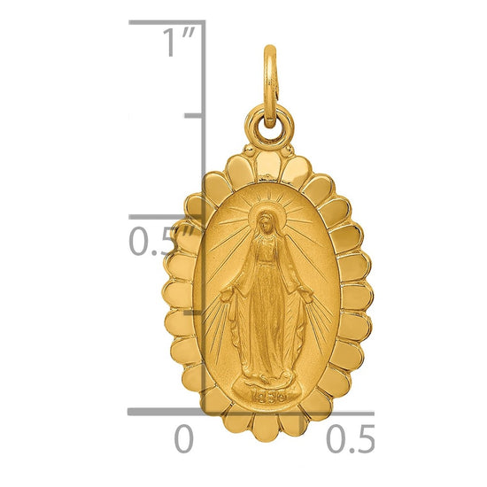 14k Polished and Satin Solid Miraculous Medal Scalloped Edge Oval Pendant