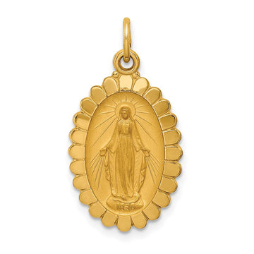 14k Polished and Satin Solid Miraculous Medal Scalloped Edge Oval Pendant