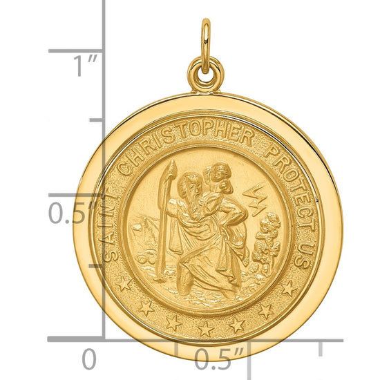 14k Polished and Satin Solid Medium Round Disc St. Christopher Medal Pendant
