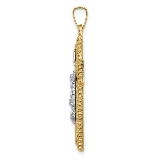 14k Two-tone Hollow Polished Rope Edge Latin Crucifix Pendant