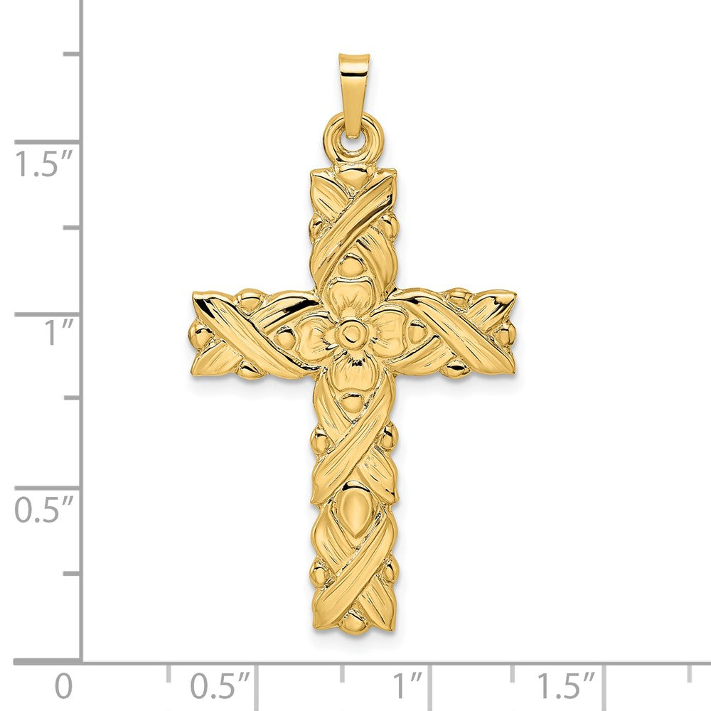 14k Polished and Textured Solid Floral Cross Pendant