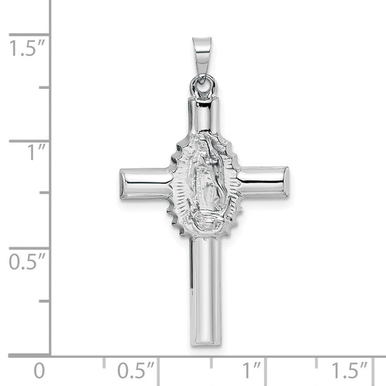 14k White Gold Polished and Satin Hollow Cross with Our Lady of Guadalupe Pendant
