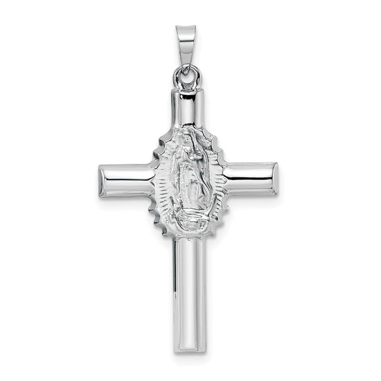 14k White Gold Polished and Satin Hollow Cross with Our Lady of Guadalupe Pendant
