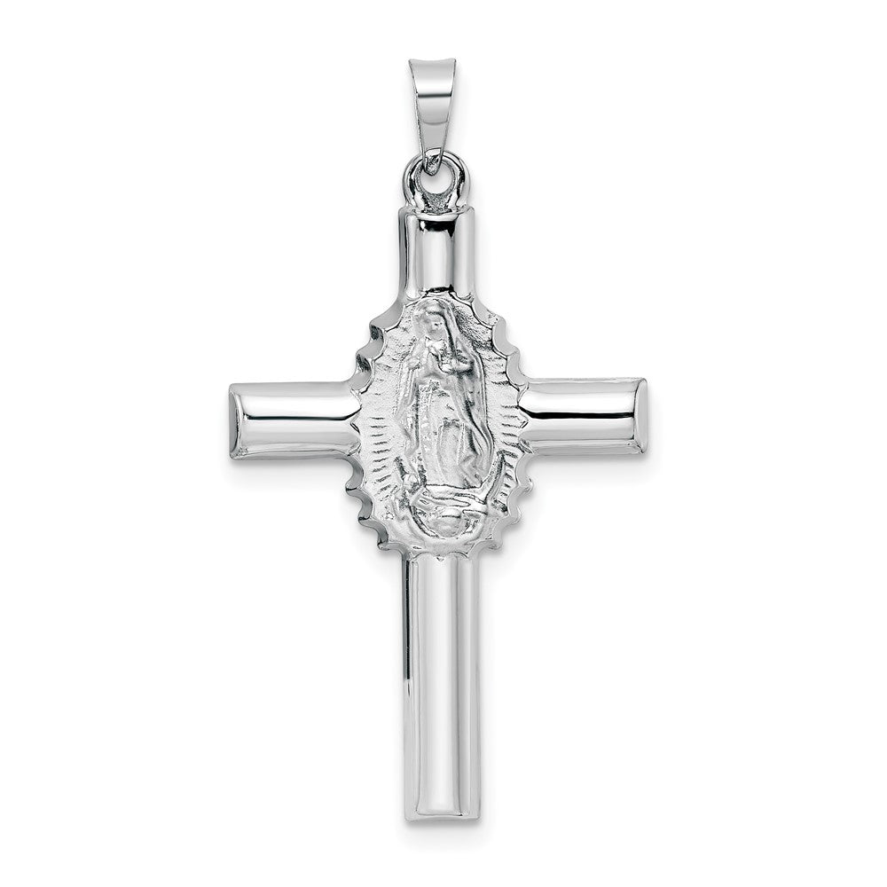 14k White Gold Polished and Satin Hollow Cross with Our Lady of Guadalupe Pendant