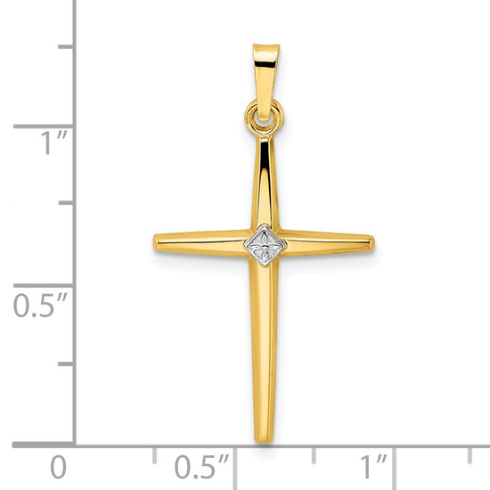 14k Two-tone Polished Solid Diamond Shape Center Cross Pendant